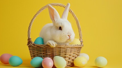 Wall Mural - white easter bunnu with a grocery store basket and easter eggs isolated on pastel yellow background EF 70-200mm lens.