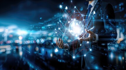 Businessman touching structure of business technology on data network to adapt implement new policies and technology to support it effectively. Enhance customer experience and stay competitive
