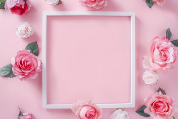 Wall Mural - Beautiful flowers composition. Blank frame for text, pink rose flowers on pastel pink background. Valentine's Day, Easter, Birthday, Happy Women's Day, Mother's Day. Flat lay, top view, copy space,