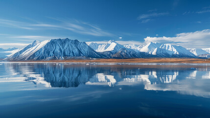 Wall Mural - Snow-capped mountains reflected in calm water on a clear day