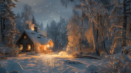 Wall Mural - A cozy cabin in the woods with a warm glow from the windows and a snowy landscape. 