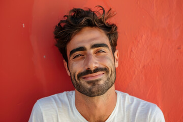 A close up portrait of a young man with a subtle smile