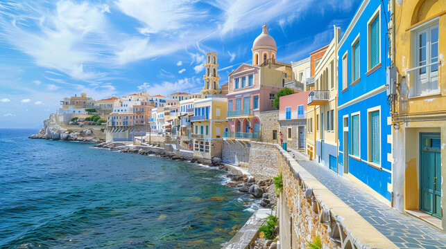 Colorful seaside town in Syros island under vibrant blue sky