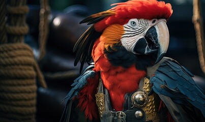 Colourful parrot in a pirate costume for a theme party or event.