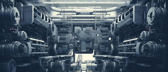 A futuristic industrial space with many pipes and machinery