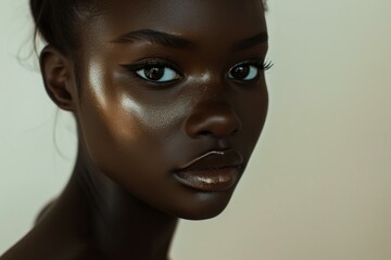 Poster - Close-up portrait of a young african woman with stunning, luminous skin against a neutral background