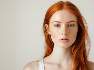 Wall Mural - Beautiful Woman with perfect skin Portrait, redheaded Girl, empty copy space