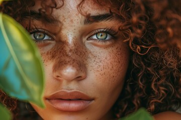 Poster - Close-up portrait of a woman with curly hair and freckles partially obscured by a green leaf