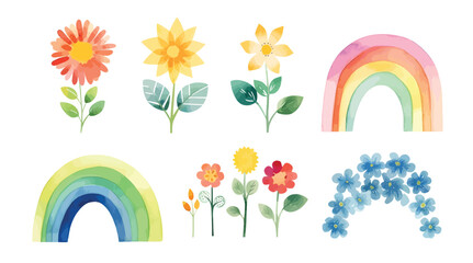 Wall Mural - Watercolor  flowers, rainbow, cloud on isolated white background