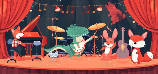 Wall Mural - Exact modern cartoon background of zoo animals playing music instruments. Music concert illustrations.