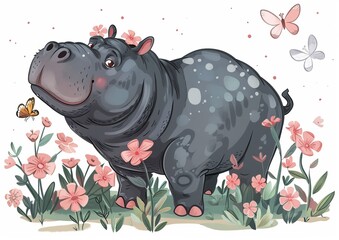 Sticker - A cute hippo is standing in a meadow with flowers. This modern illustration portrays a children's theme.