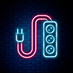 Poster - Glowing neon line Electric extension cord icon isolated on brick wall background. Power plug socket. Colorful outline concept. Vector