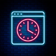 Poster - Glowing neon line Browser window icon isolated on brick wall background. Colorful outline concept. Vector