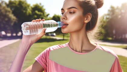 ペットボトルの水を飲む若い女性