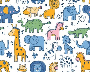 Sticker - An African animal cartoon pattern with plants and trees found in the jungle.