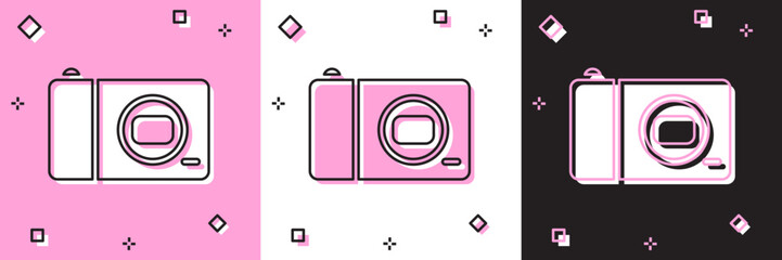 Canvas Print - Set Photo camera icon isolated on pink and white, black background. Foto camera icon. Vector