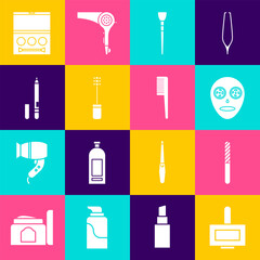 Poster - Set Nail polish bottle, file, Facial cosmetic mask, Makeup brush, Mascara, Eyeliner, eyebrow, shadow palette and Hairbrush icon. Vector