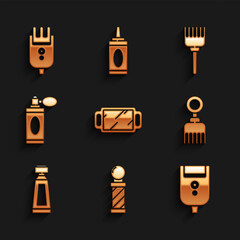 Sticker - Set Hand mirror, Classic Barber shop pole, Electric razor blade for men, Hairbrush, Cream lotion cosmetic tube, Aftershave bottle with atomizer, and Electrical hair clipper shaver icon. Vector