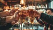 © inthasone - Group of friends drinking beer at brewery pub restaurant - Happy people enjoying happy hour sitting at bar table - Close-up image of brew glasses - Food and beverage lifestyle concept.