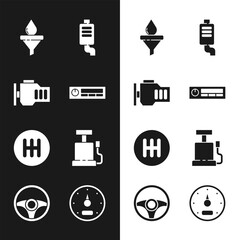 Sticker - Set Car Audio, Check engine, Funnel and oil drop, muffler, Gear shifter, air pump, Speedometer and Steering wheel icon. Vector