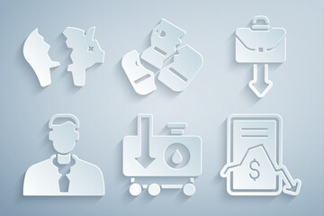 Poster - Set Drop in crude oil price, Briefcase, Worker, Mobile stock trading, Credit card and Broken piggy bank icon. Vector