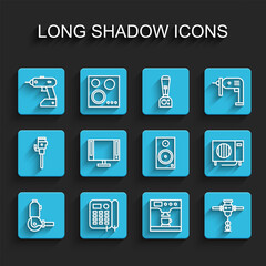  Set line Angle grinder, Telephone, Electric cordless screwdriver, Coffee machine and cup, Construction jackhammer, Smart Tv, Air conditioner and Stereo speaker icon. Vector