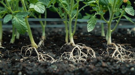 Poster - Tomato seedlings showing signs of viral infection being planted in soil and developing roots