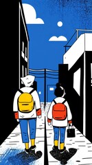 Two figures walk in opposite directions down a narrow alley