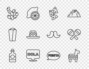 Canvas Print - Set line Tequila bottle, Pinata, Nachos, Hola, Cactus, Mexican sombrero, Fiesta and Maracas icon. Vector