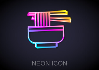 Poster - Glowing neon line Ramen soup bowl with noodles icon isolated on black background. Bowl of traditional asian noodle soup. Vector