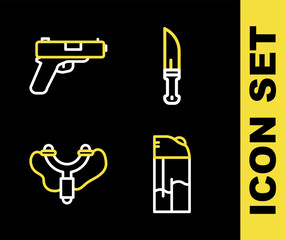 Canvas Print - Set line Hunter knife, Lighter, Slingshot and Pistol or gun icon. Vector