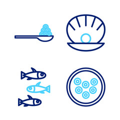 Poster - Set line Caviar on a plate, Fishes, Shell with pearl and spoon icon. Vector