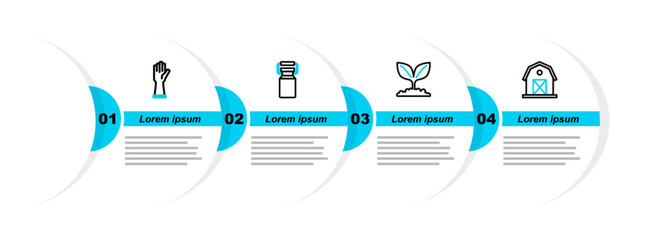 Poster - Set line Farm house, Plant, Can container for milk and Rubber gloves icon. Vector