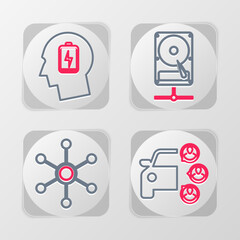 Sticker - Set line Car sharing, Network, Hard disk drive on network and Head with low battery icon. Vector