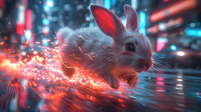 A rabbit is running through a city street with bright lights and neon signs