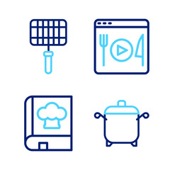 Sticker - Set line Cooking pot, Cookbook, live streaming and Barbecue steel grid icon. Vector