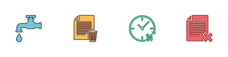 Sticker - Set Water tap, Delete file document, Clock 24 hours and icon. Vector