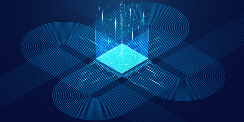 Fototapete - Abstract isometric AI chip or CPU processor, front side bus, and circuit circle connected lines on technology blue background. Big data. Digital innovation on tech bg. 3D polygonal vector illustration