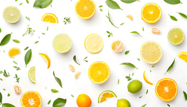 Different fresh citrus fruits and leaves falling on white background