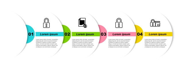 Sticker - Set line Open padlock, Document and, Lock and Credit card with. Business infographic template. Vector