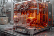 © 18042011 - An advanced 3D printer encased in a transparent cover, fabricating synthetic meat. The orange glow indicates active printing. The lab environment showcases modern technology in food production