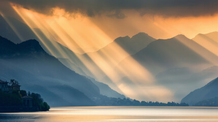 Wall Mural - Serene mountain landscape with golden sunrise rays over lake