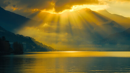 Wall Mural - Golden sunrise over serene lake and mountain landscape