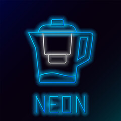 Wall Mural - Glowing neon line Water jug with a filter icon isolated on black background. Colorful outline concept. Vector