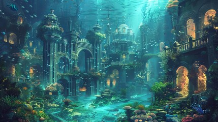 Wall Mural - An underwater city with bioluminescent plants and ancient rui