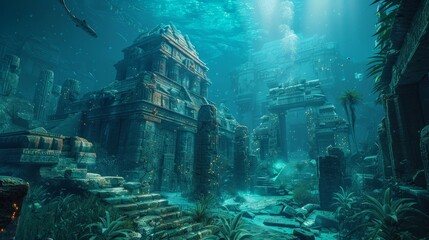 Wall Mural - An underwater city with bioluminescent plants and ancient ruins. 