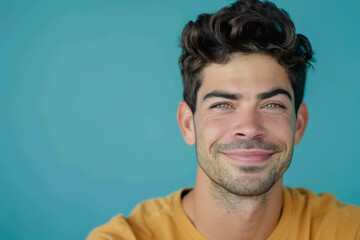 A close up portrait of a young man with a subtle smile