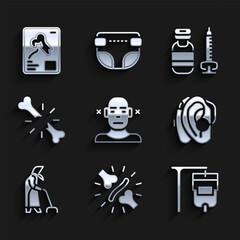 Poster - Set Deaf, Joint pain, knee pain, IV bag, Hearing aid, Grandmother, Human broken bone, Syringe and X-ray shots icon. Vector