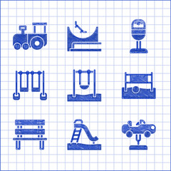 Poster - Set Swing, Kid slide, car, Volleyball net with ball, Bench, Double swing, Trash can and Toy train icon. Vector