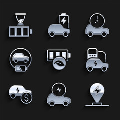 Poster - Set Eco nature leaf battery, Electric car, Charging parking electric, price, and Battery charge icon. Vector